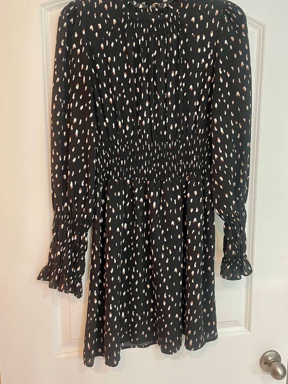 THML Black Long-Sleeve Smocked Waist Dot Print Dress